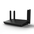 White 300Mbps wireless router with black antennas placed on a desk, size 26 x 6 x 6 cm