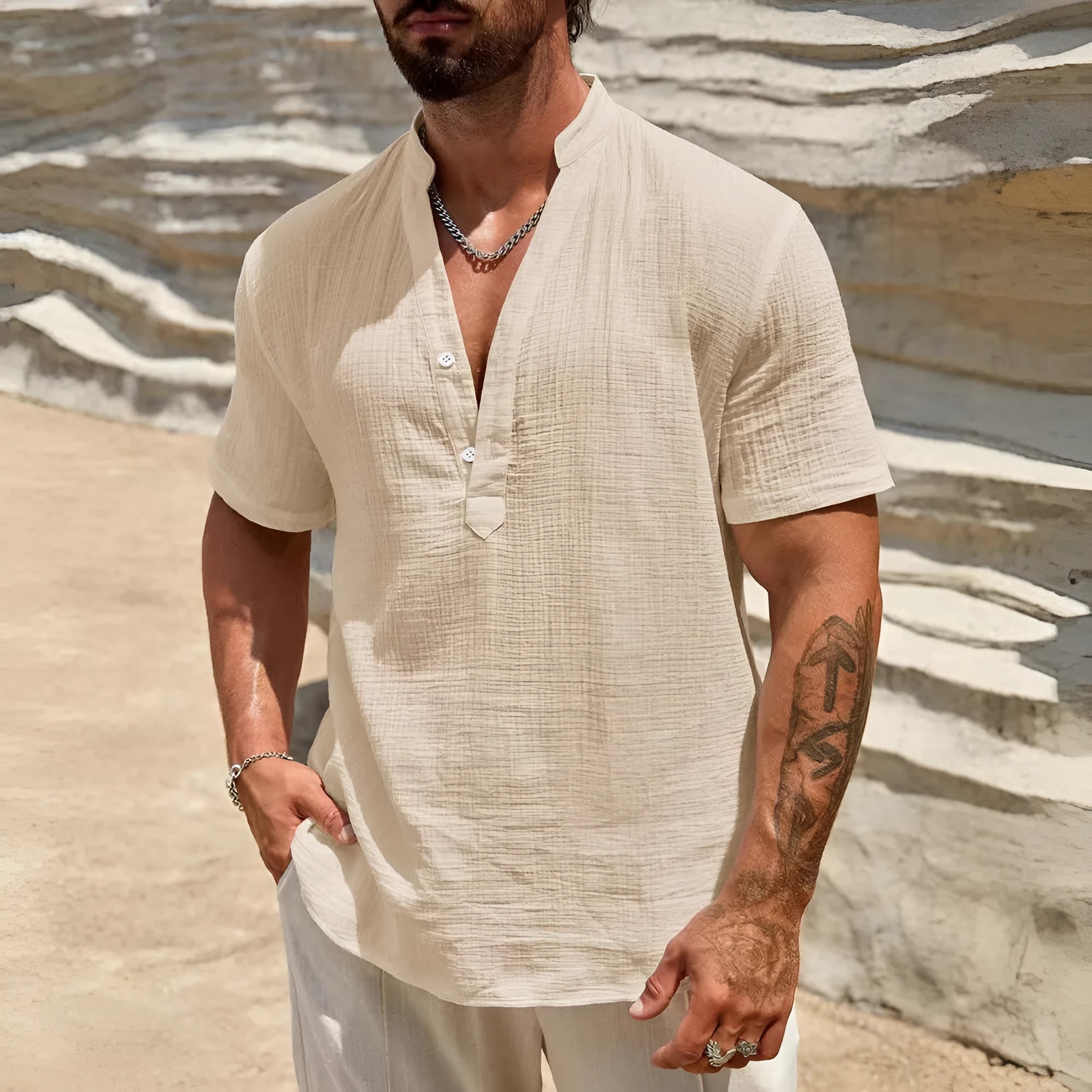 Men's solid colour stand collar short-sleeved casual shirt on a hanger
