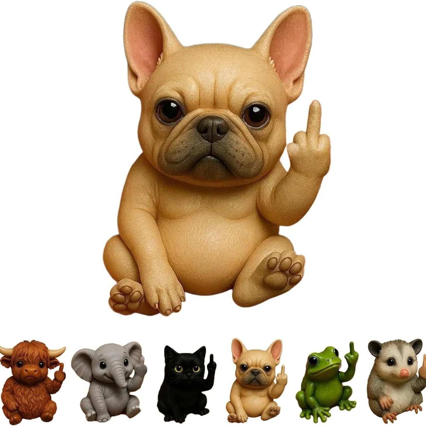 Mini resin animal doll ornament in a vertical middle finger pose, styles include cat, dog, and elephant.