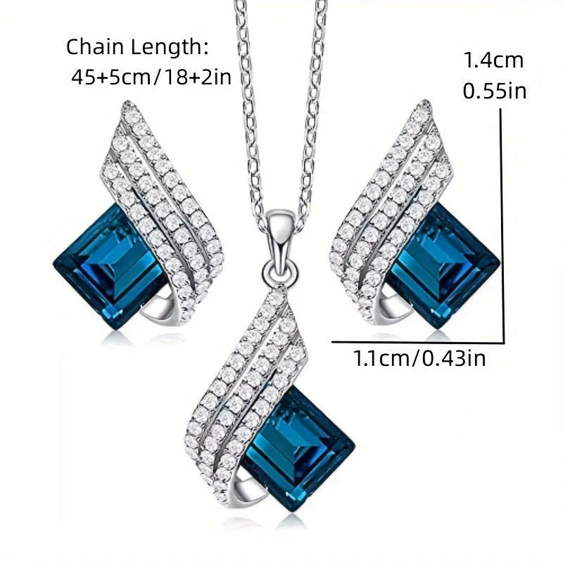 Glass cross chain necklace with matching electroplated alloy pendant ear stud earrings set for women
