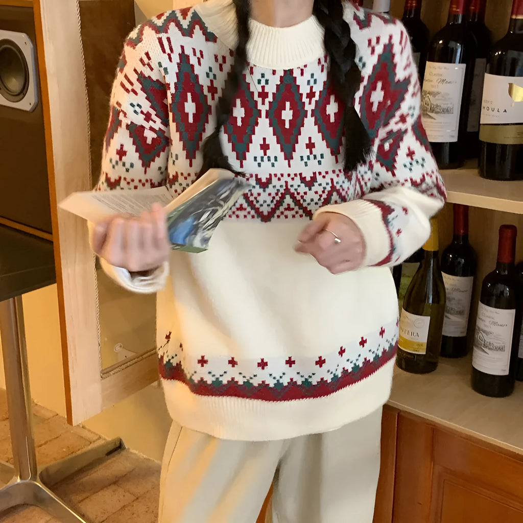 Loose retro pullover knitted top with stripe pattern and long sleeves