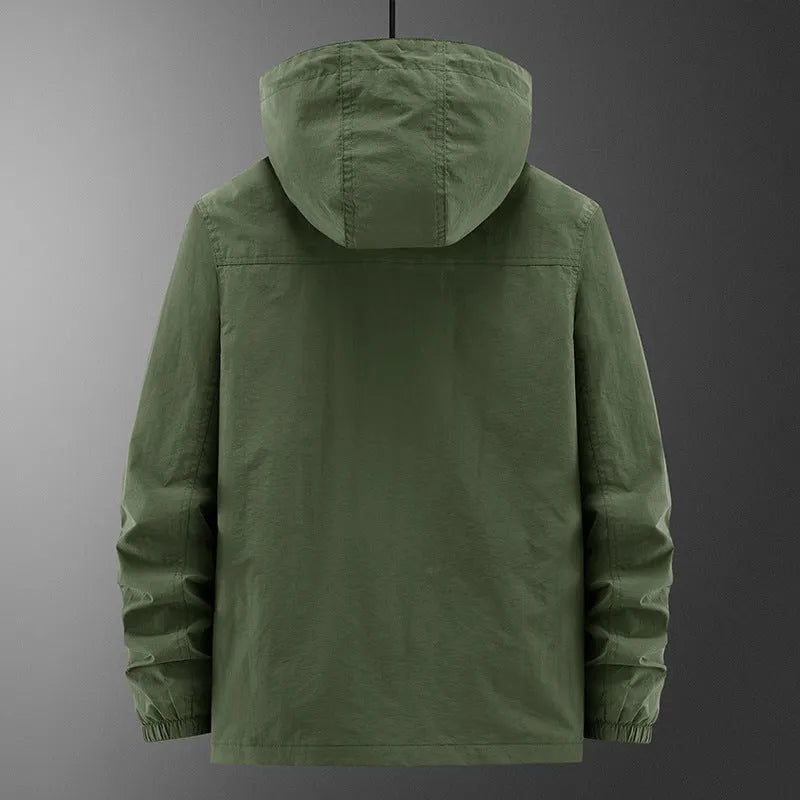 Men's casual outdoor shell jacket in solid colour, lightweight nylon, available in Army Green, Black, Khaki sizes M to 5XL