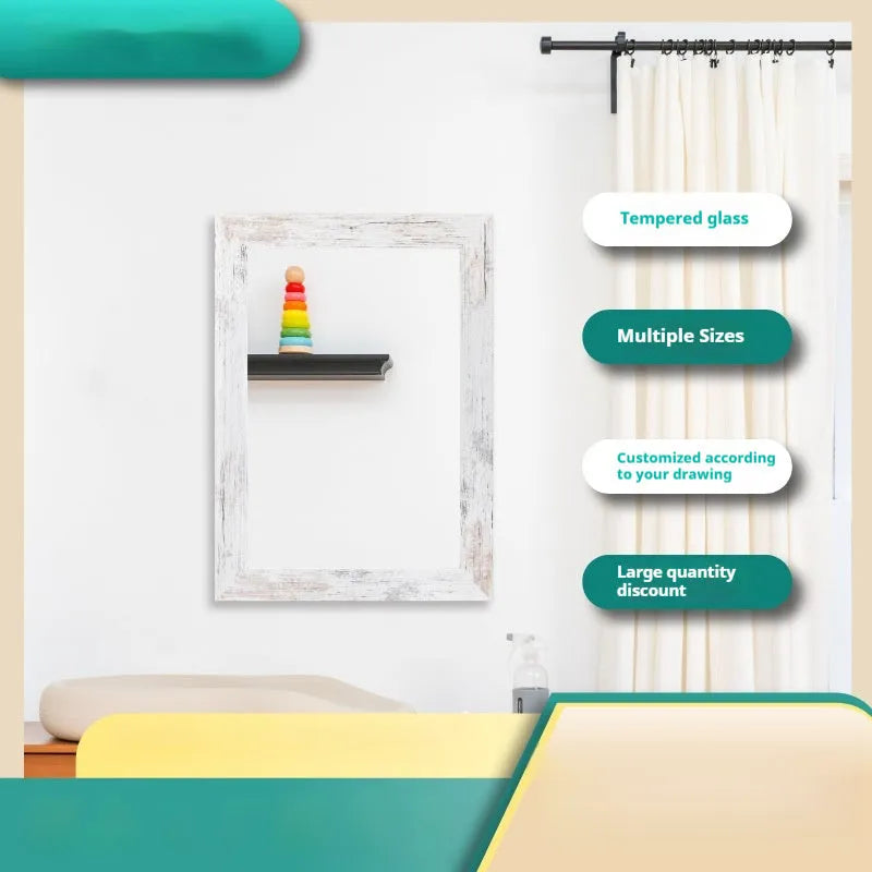 Pastoral style wall-mounted bathroom mirror with MDF frame in Small Old White colour