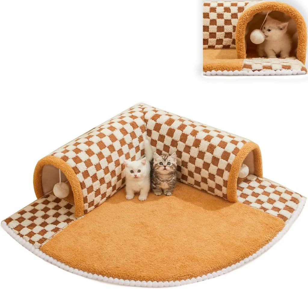 Brown plush plaid XL cat tunnel bed with central mat and non-slip bottom for indoor cats.