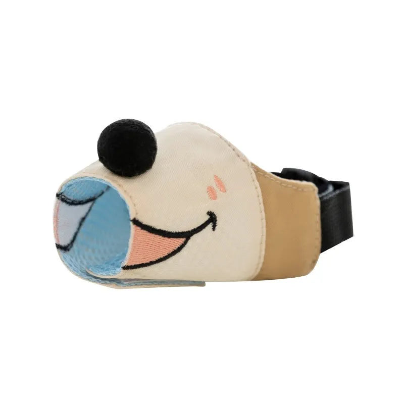 Canvas dog mouth cover muzzle in Ollie Brown Bear colour, shown alongside Bondi Blue Shark option, with sizing guide for small to extra-large dogs.