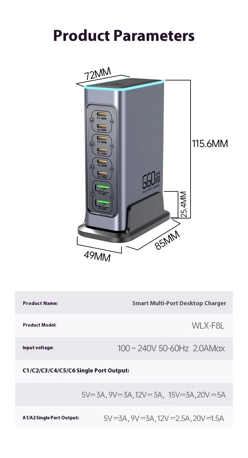 660W gallium nitride desktop charger with multiple USB-C ports for phones and tablets