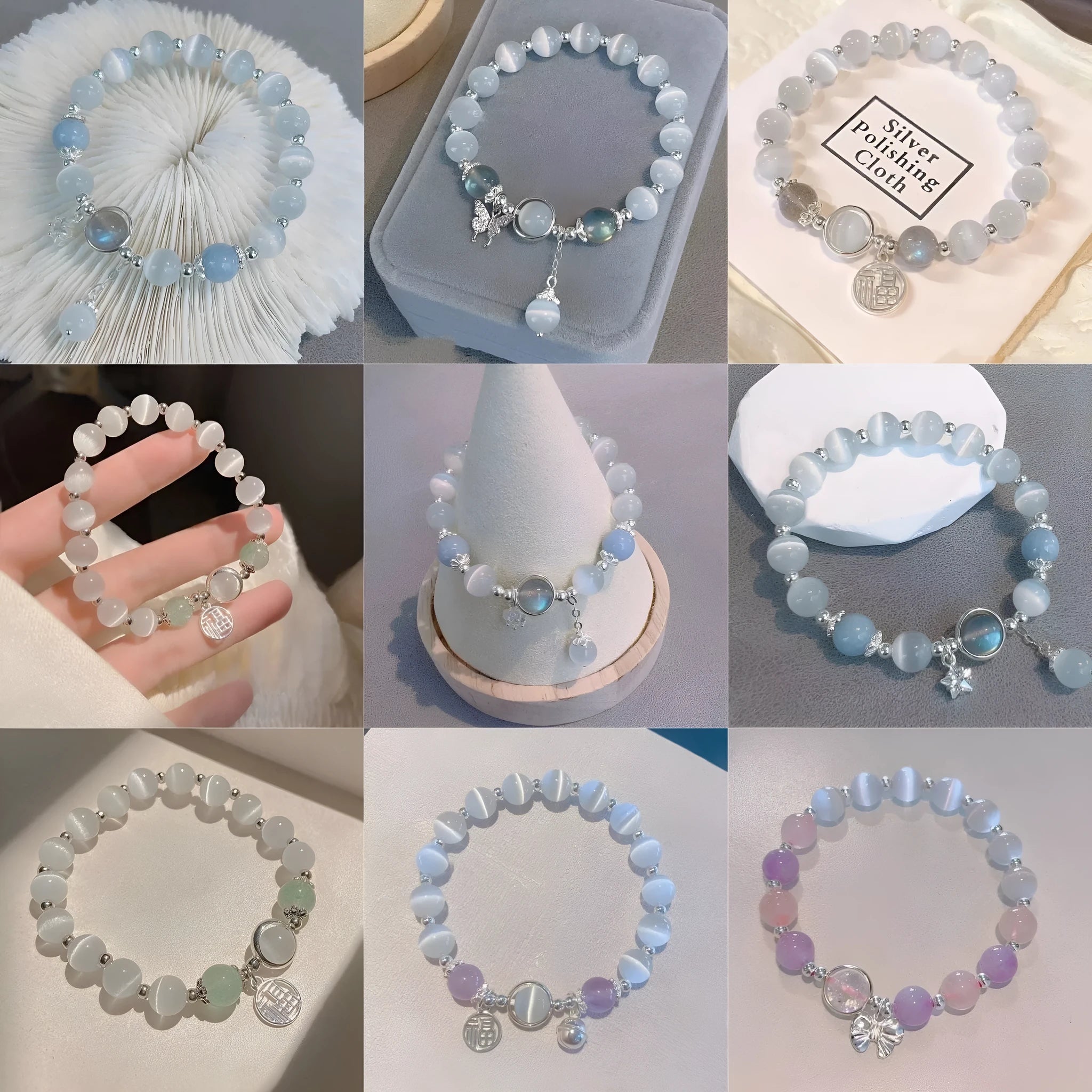 Glass butterfly bracelet for women with drop shape design and round beads in moonlight gray colour