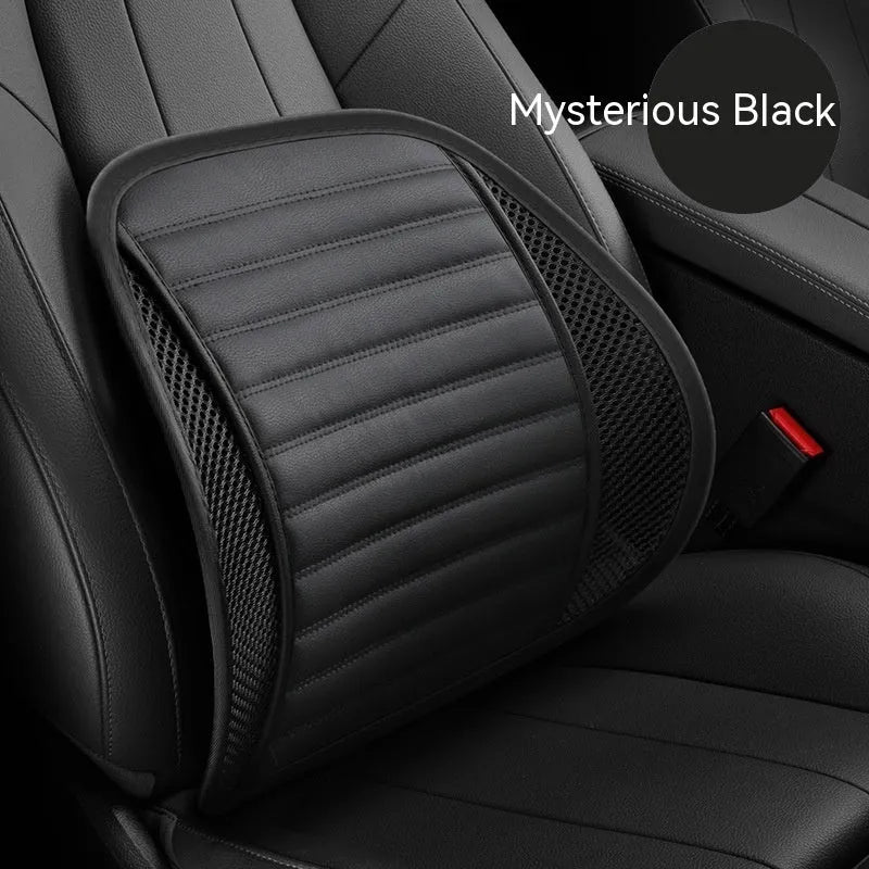 Genuine leather car lumbar support cushion shown in sapphire blue colour