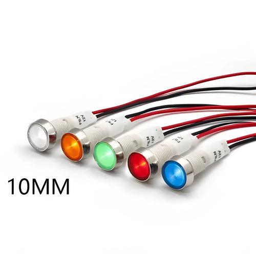 10mm stainless steel edge plastic indicator light with wire, shown in available colours.
