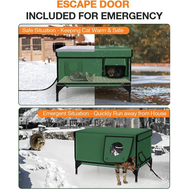 Green outdoor heated insulated foldable cat house made of 900D PVC with charger