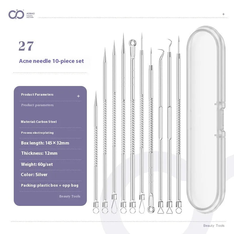 Four silver metal acne needles with pointed tips laid out on a surface.