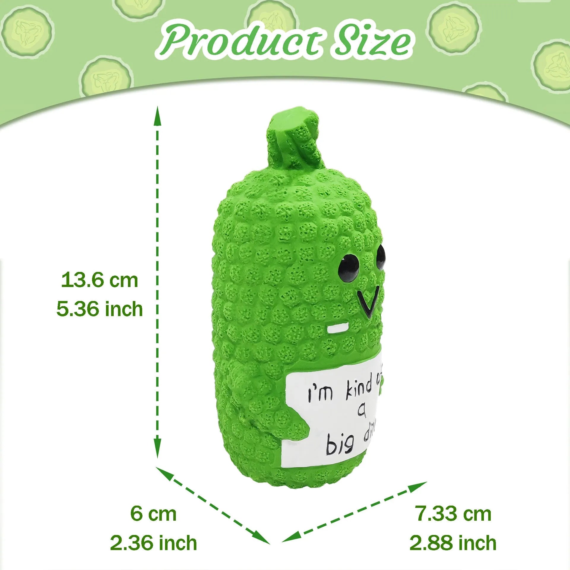 Green pickle-shaped latex dog chew toy with bumpy texture and a squeaker inside.