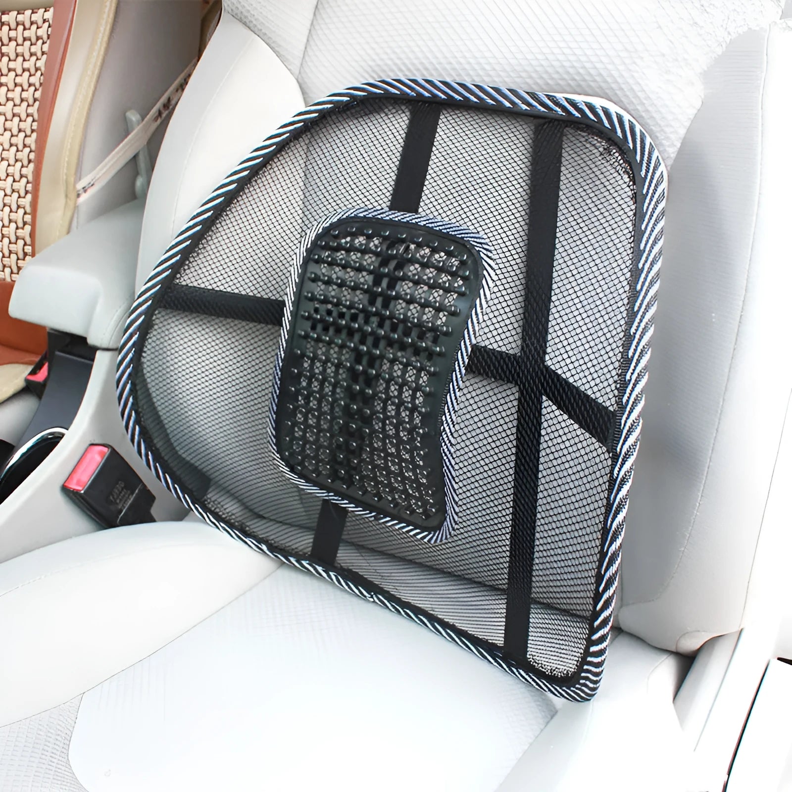Black lumbar support pillow for car seat measuring 41 by 39 centimetres.