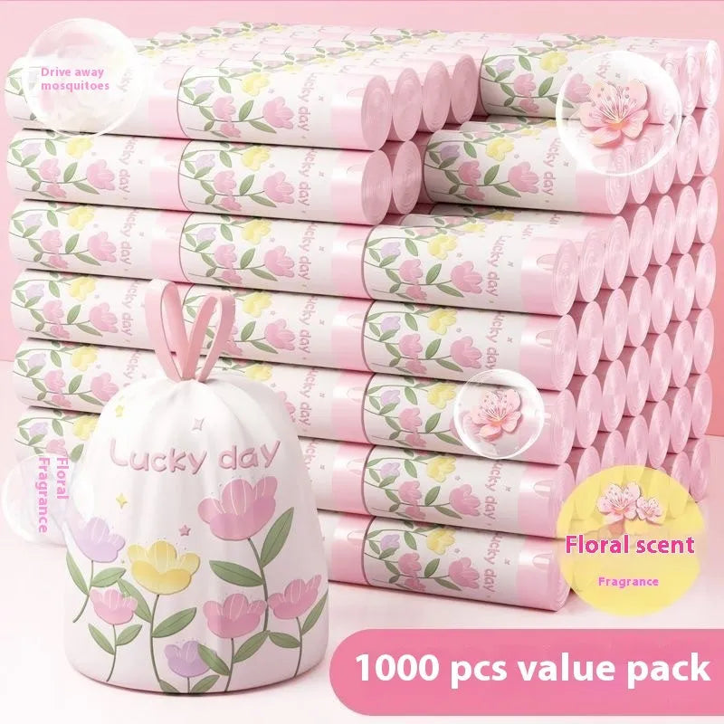 Pink degradable argy wormwood mosquito repellent garbage bags with drawstring, 44cm by 48cm