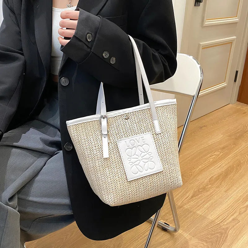 White and black straw woven women's shoulder bag with retro styling and large capacity dimensions