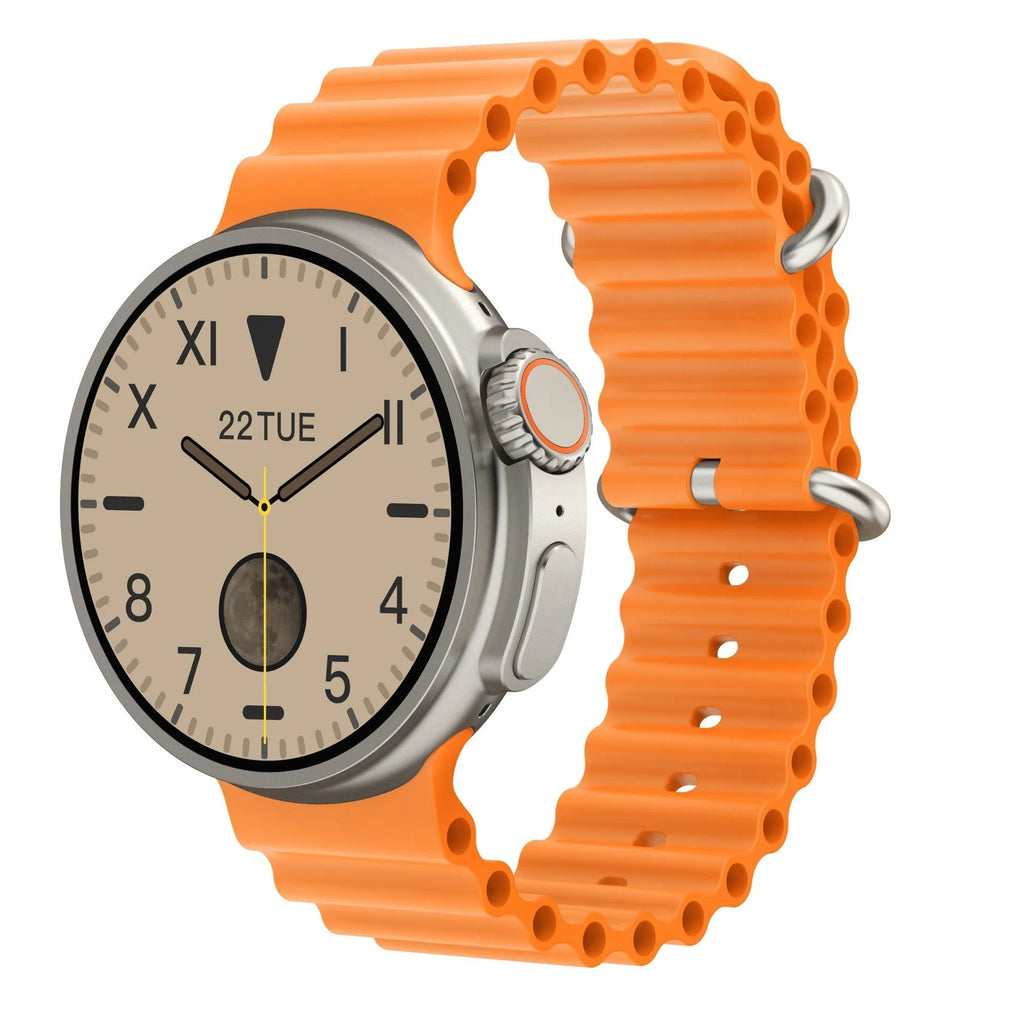 K9 Smart Watch in black with round screen showing health metrics and NFC payment interface