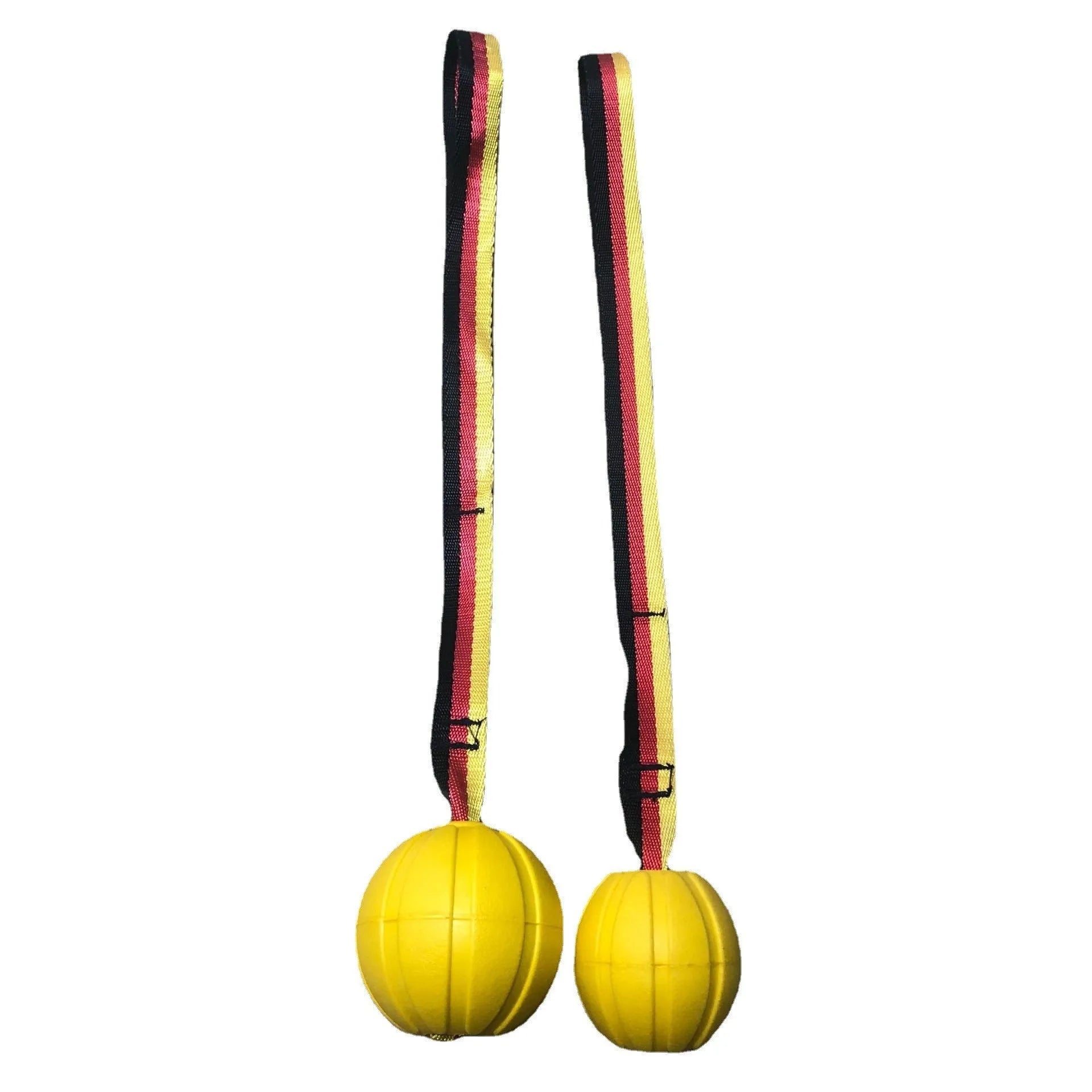 Yellow and camouflage EVA foam floating tetherball dog toys in 6.5cm, 7cm, and 9cm sizes.