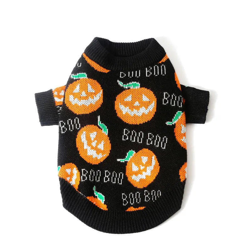 Black dog sweater with an orange pumpkin pattern for Halloween, shown on a model dog.