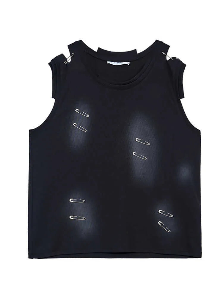 Men's black sleeveless vest waistcoat with irregular ripped cutting design detail