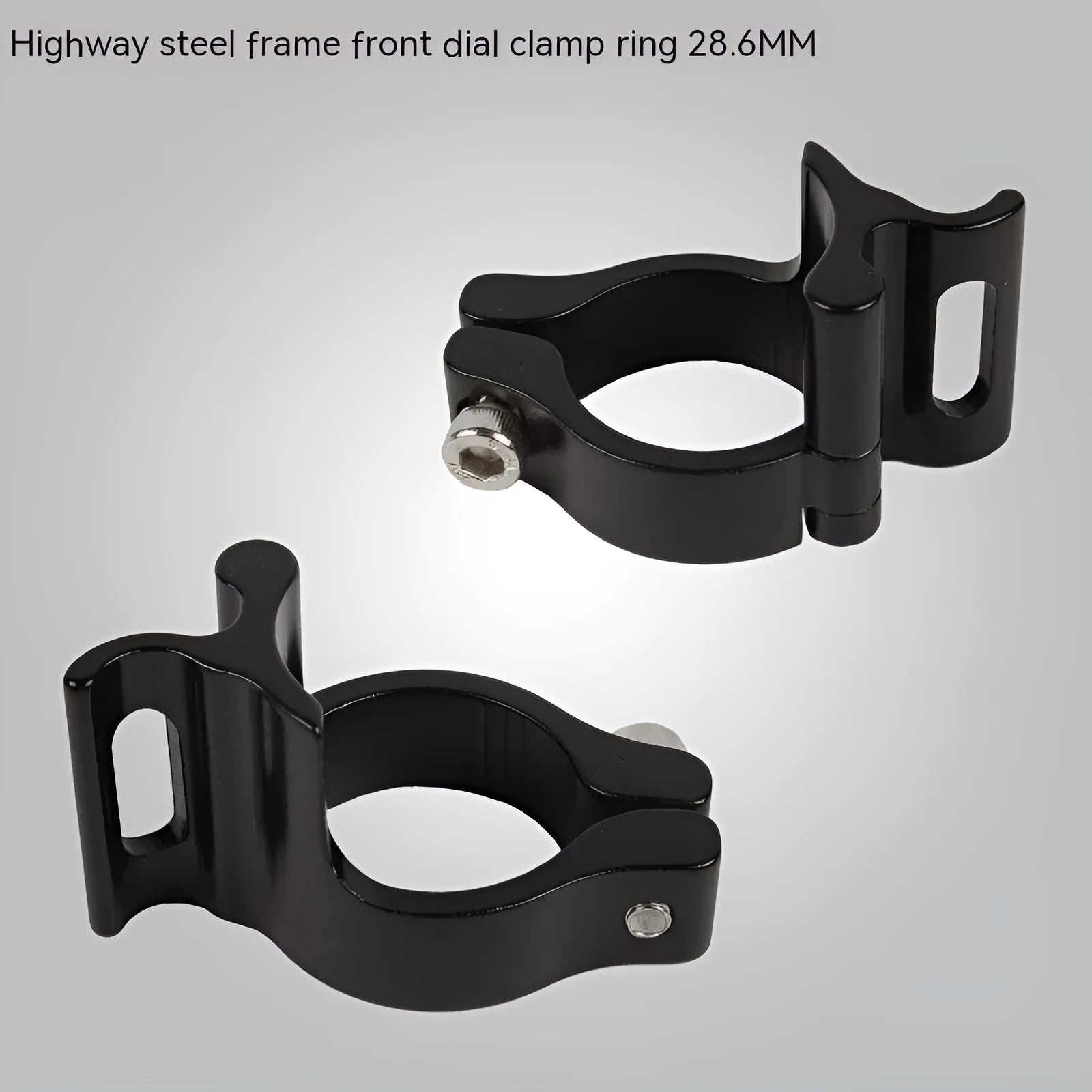 Black aluminium vehicle clamp ring with steel frame showing 28.6mm diameter