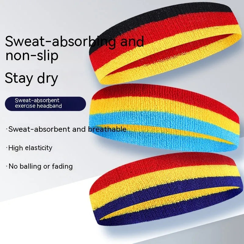 Adult sports headband in multiple colours including blue and red yellow, shown flat displaying 5.5cm width.