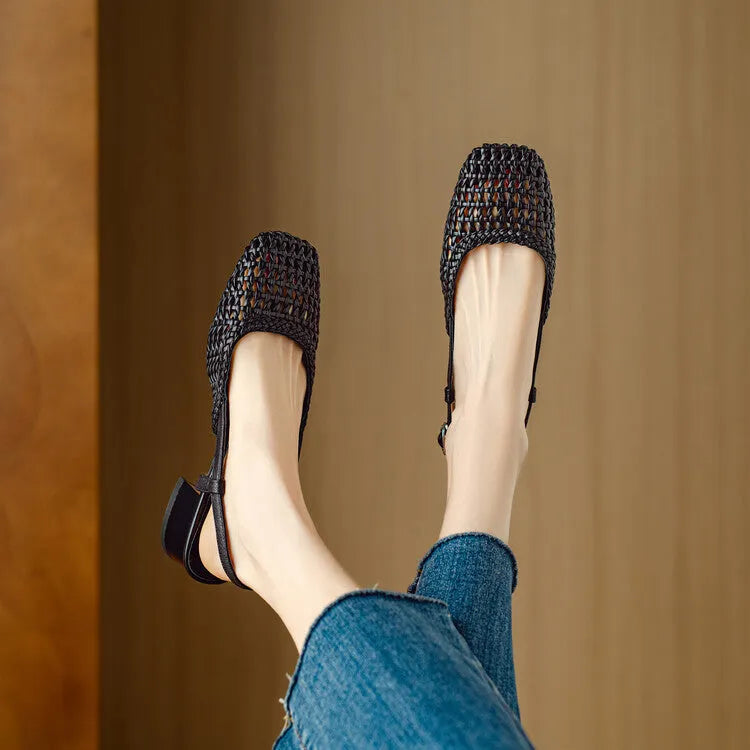 Women's woven hollow-out closed toe sandals with 4cm chunky heel and buckle fastening in black and beige