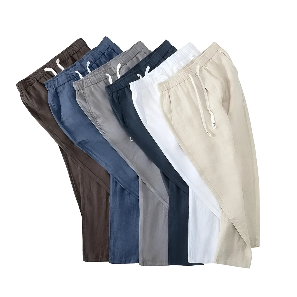 Pure linen Chinese-style trousers with elastic waist in straight-leg design