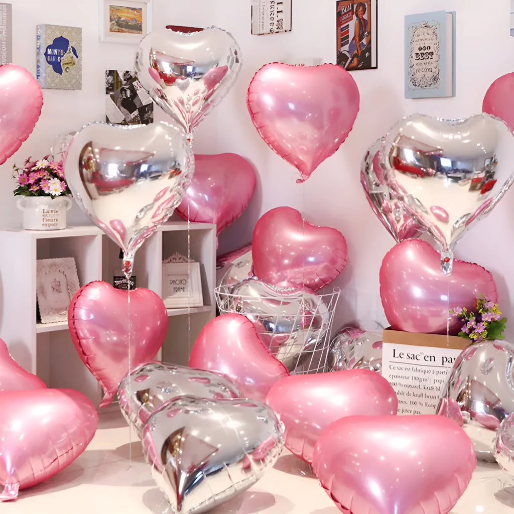 Aluminum foil peach heart shaped balloons in metallic colours for party decoration