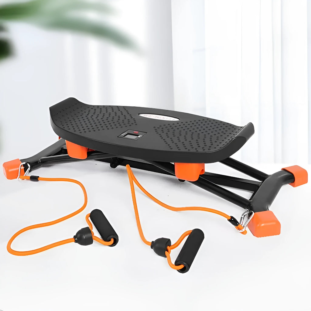 Black mini fitness skiing machine with elastic hand straps, compact home exercise equipment