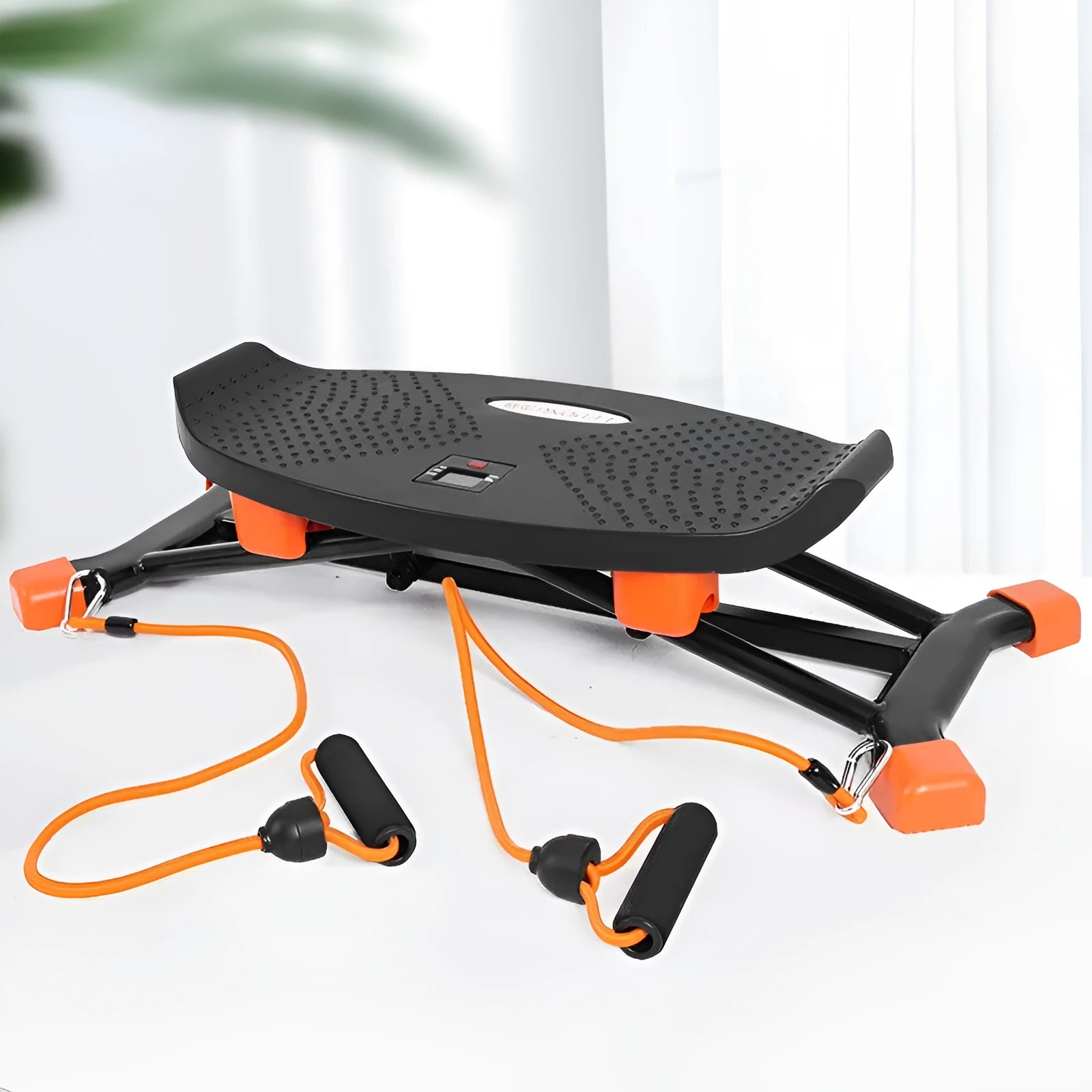 Black mini fitness skiing machine with elastic hand straps, compact home exercise equipment