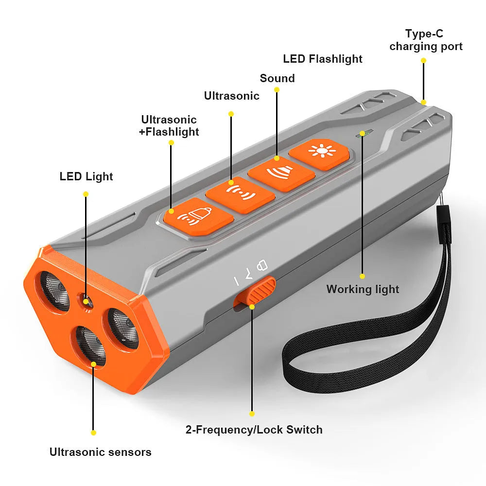 Grey orange and black orange three-head ultrasonic dog trainer for outdoor pet behaviour control.