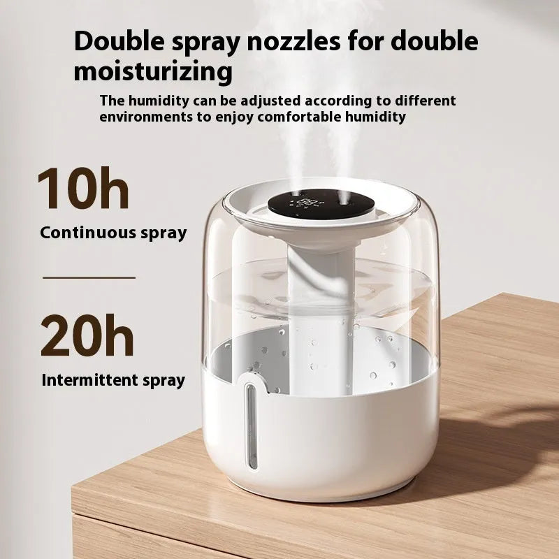 Beige circular USB humidifier with dual spray nozzles and digital display