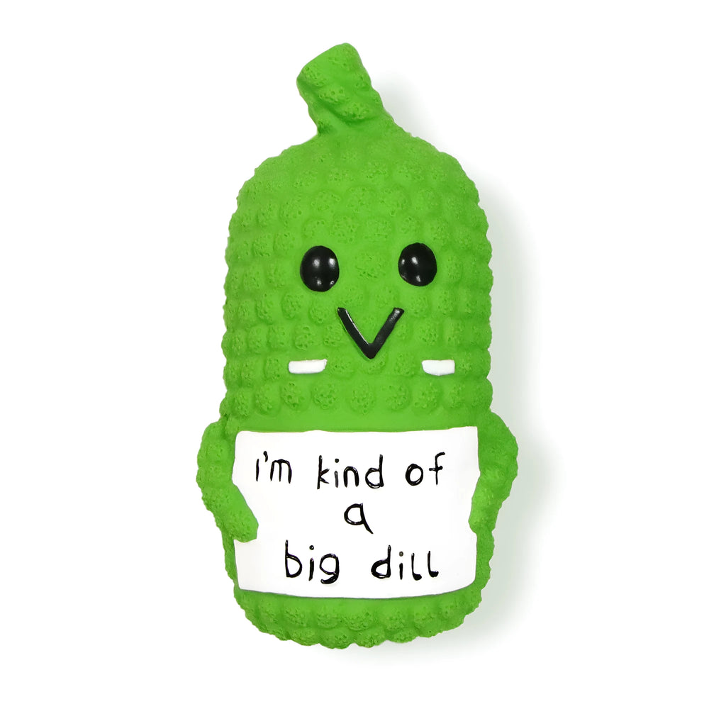 Green pickle-shaped latex dog chew toy with bumpy texture and a squeaker inside.