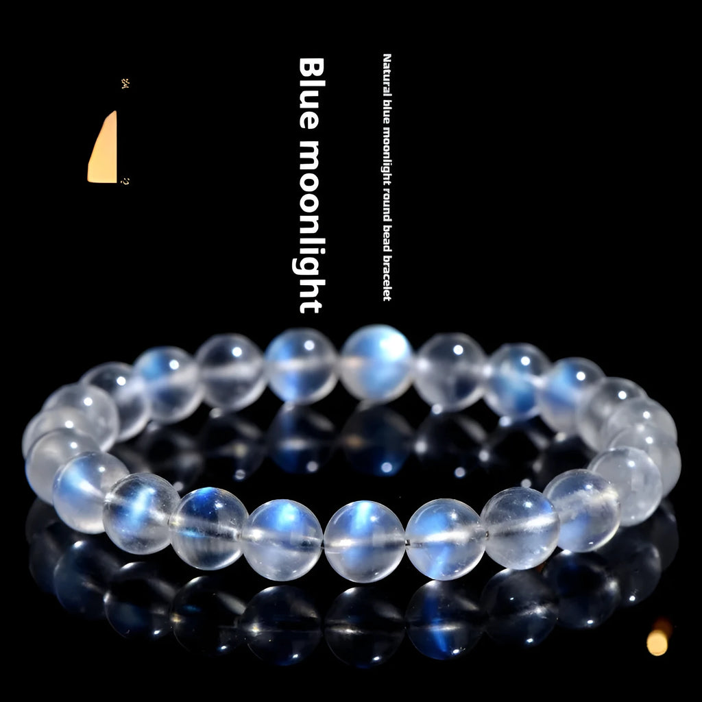 Natural cream body blue moonlight crystal bracelet with polished beads in multiple size options