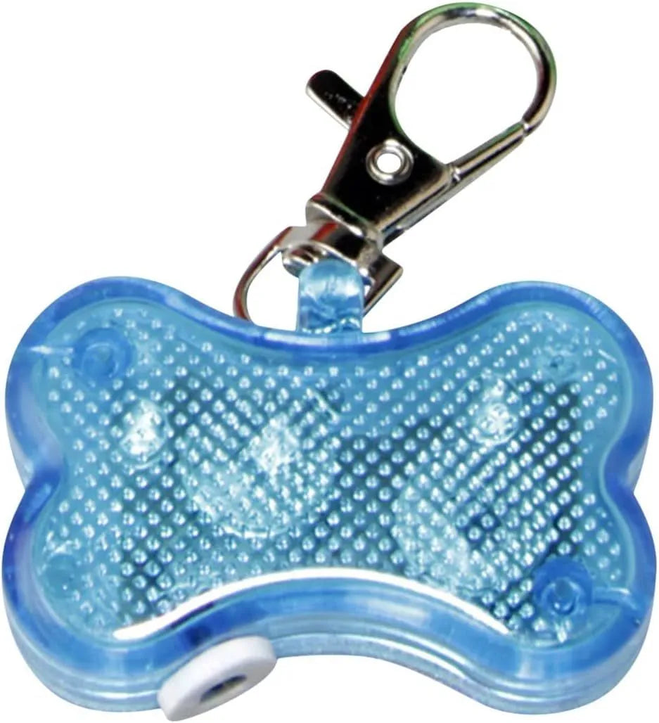 Bone-shaped LED luminous pendant for pet collars in multiple colours showing three light modes.