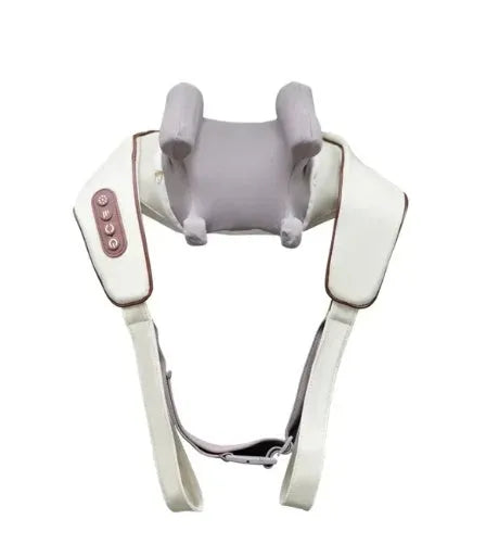 Milky white rechargeable shoulder and neck massager unit with USB charging cable.