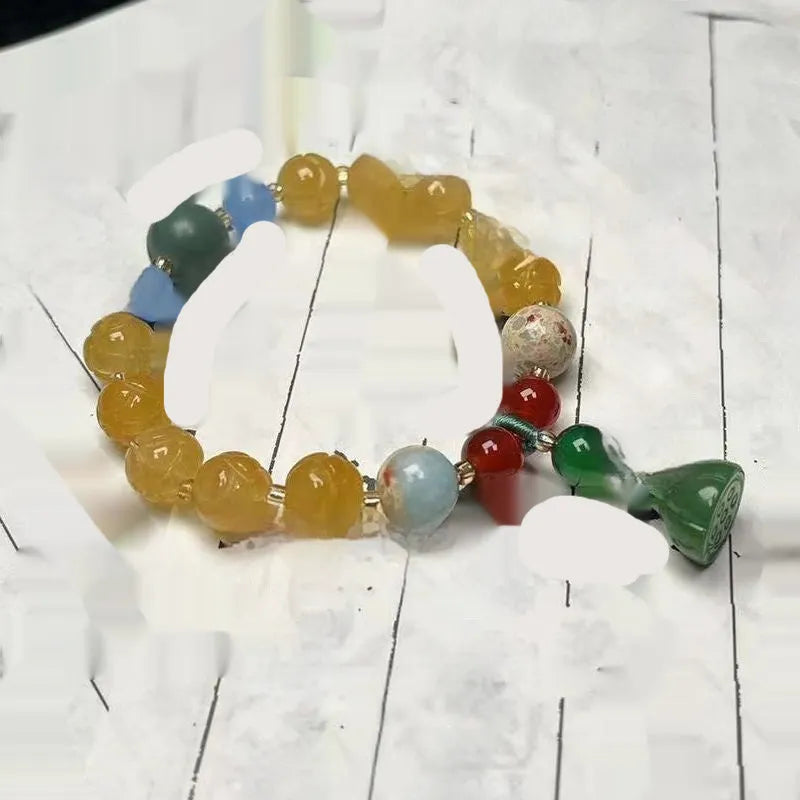 Carved pumpkin lotus Bodhi root bracelet with white jade beads and multiple dimensions