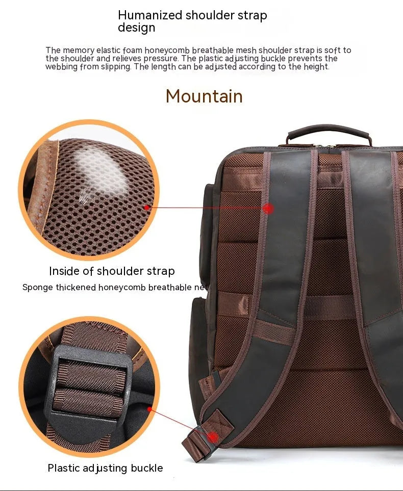 Dark brown genuine leather 17-inch laptop backpack with double straps and multiple pockets.