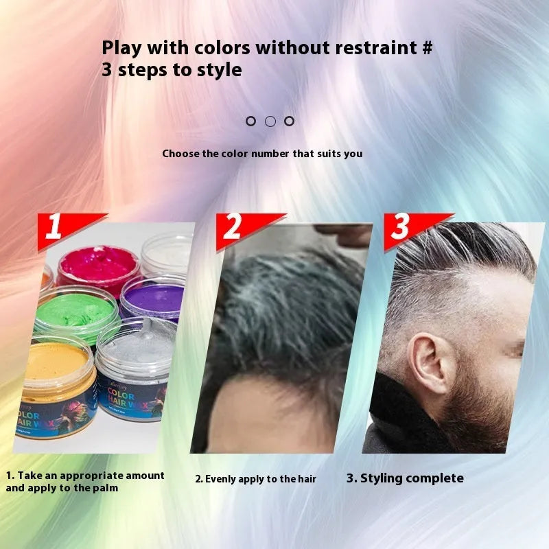 120g hair styling clay container showing colour options including rose red, granny grey, blue, and white