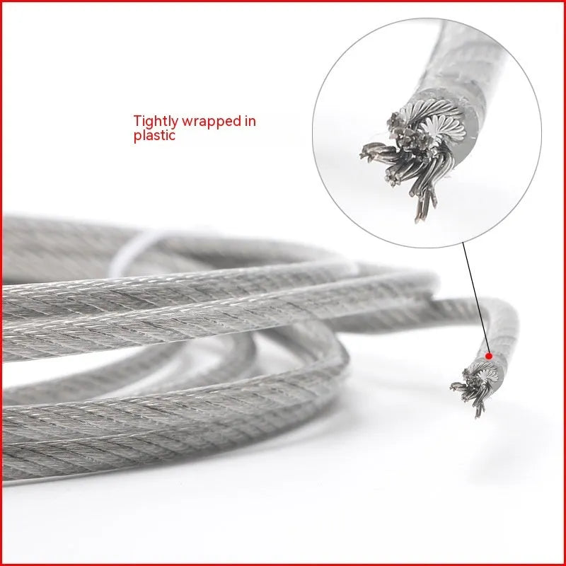 Coiled 304 stainless steel anti-theft security cable with coated finish on a grey background.