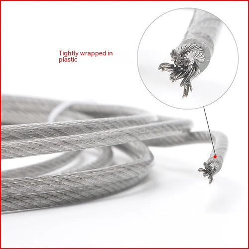 Coiled 304 stainless steel anti-theft security cable with coated finish on a grey background.