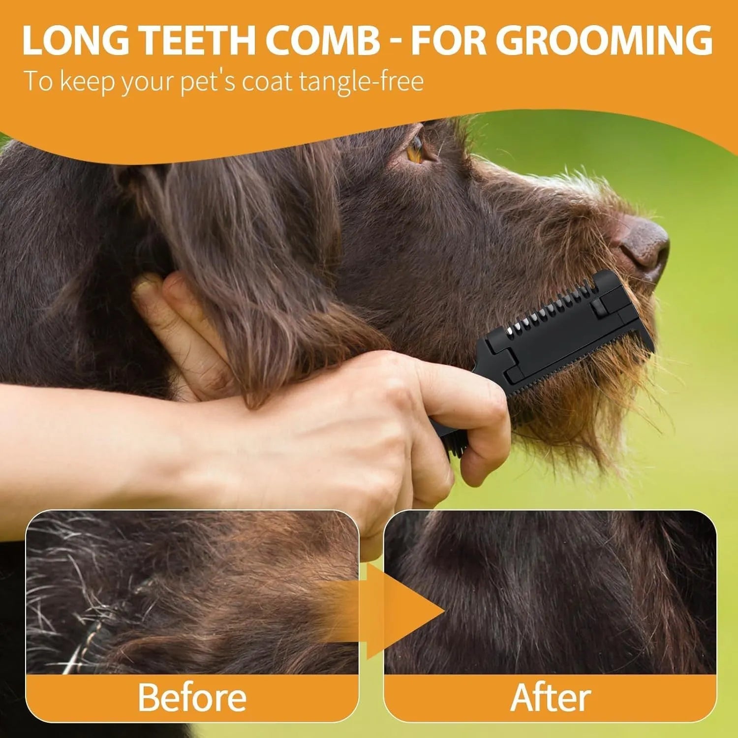A razor comb for grooming dogs and cats with a comb and trimmer blade, includes 10 replacement blades.