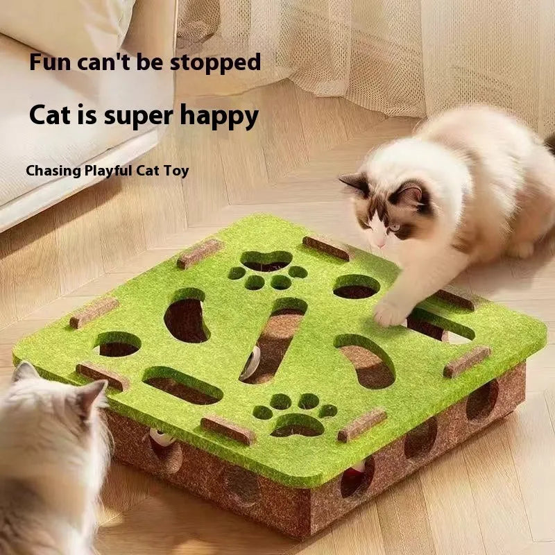 Green brown felt cat toy box with holes for interactive hiding games.