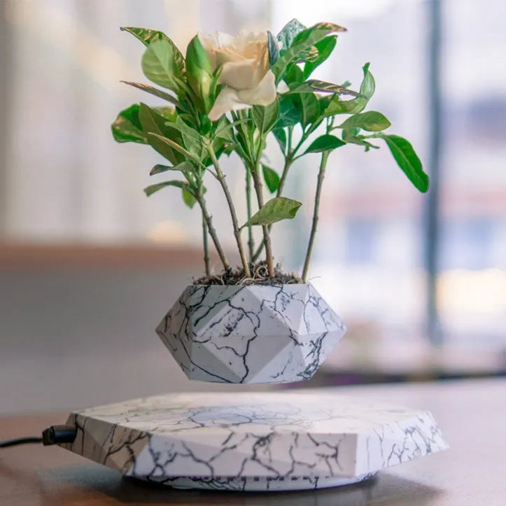 Marble-coloured levitating plant pot floating above magnetic base with small indoor plant