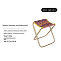 Black ethnic style folding camping stool with aluminium alloy frame, shown in folded and open positions.