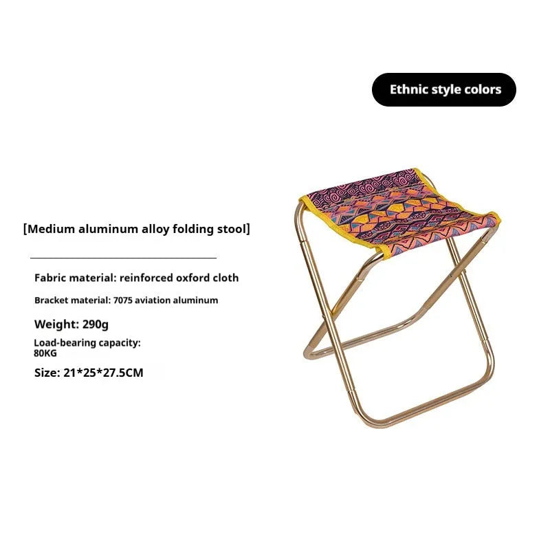 Black ethnic style folding camping stool with aluminium alloy frame, shown in folded and open positions.