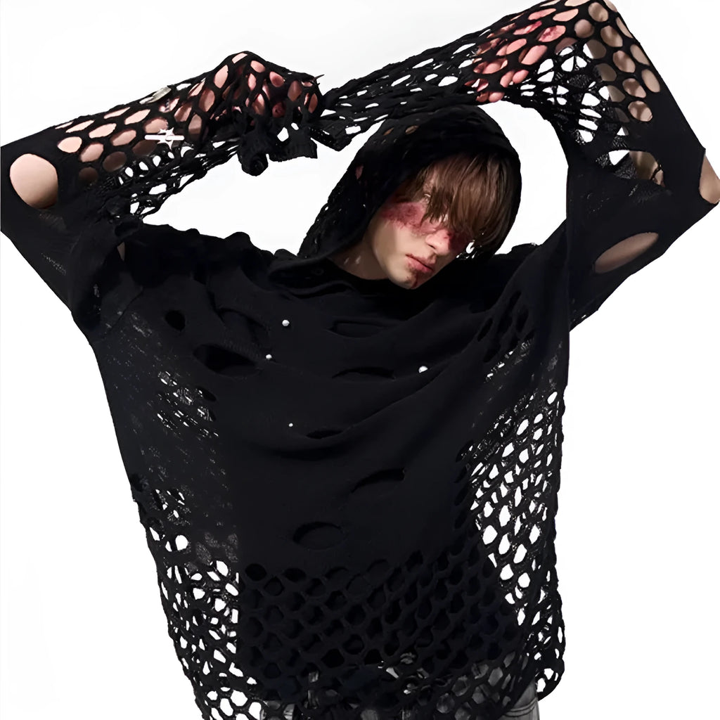 Men's black hollow knit hooded sweater with pearl decorative trim, loose fit pullover style