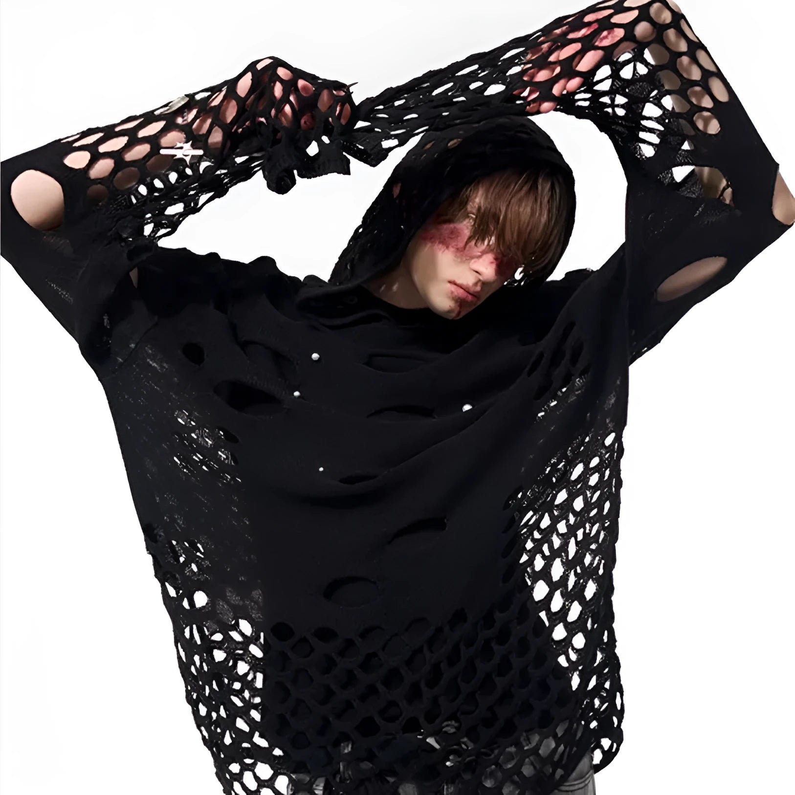 Men's black hollow knit hooded sweater with pearl decorative trim, loose fit pullover style