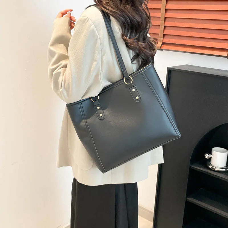 Retro PU leather tote bag in horizontal square shape with internal phone and file compartments