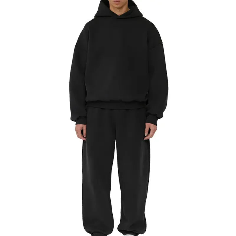 Men's grey fleece-lined cotton hoodie pullover with threaded long sleeves.